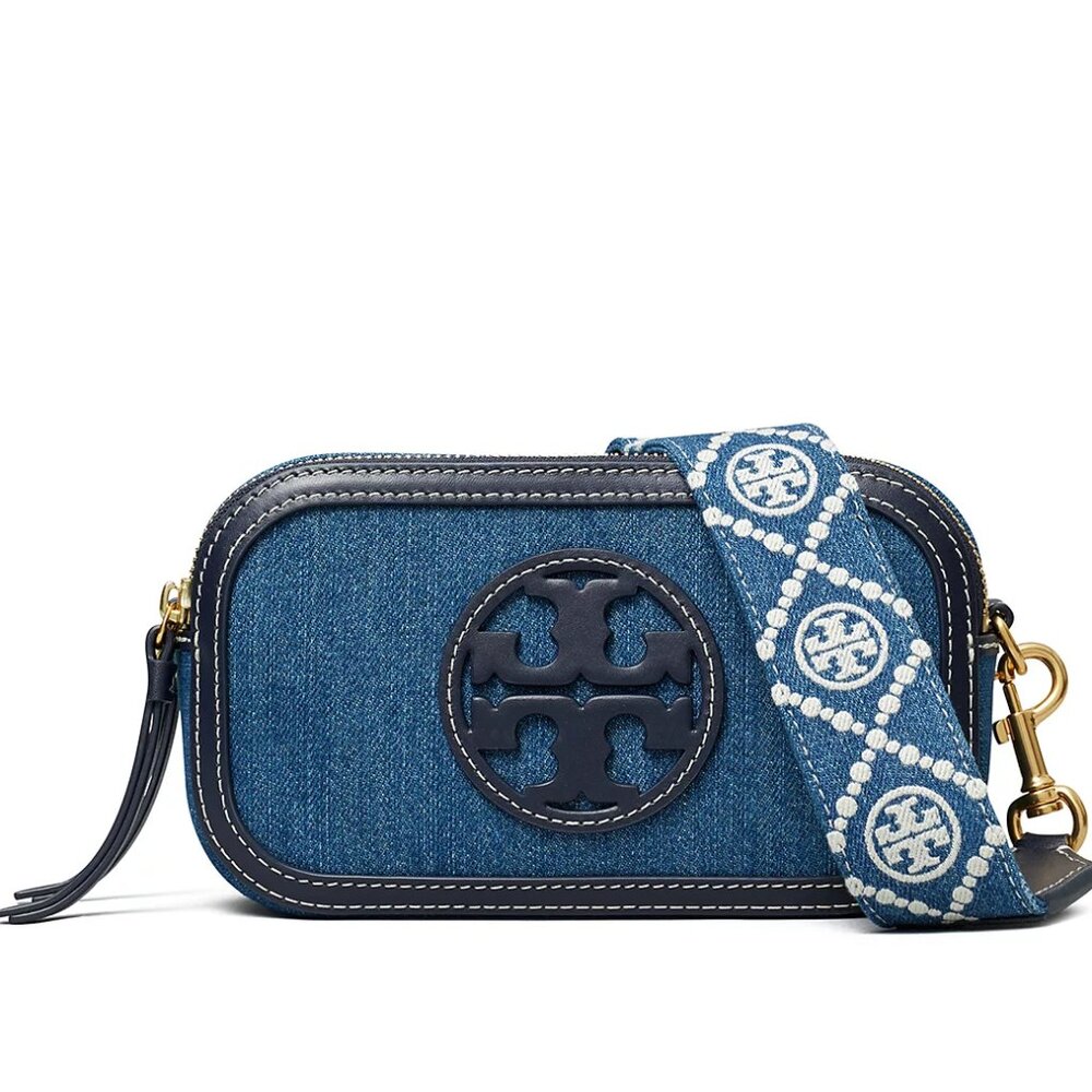 Tory Burch Blue Denim Crossbody with Navy Trim and Embroidered Strap